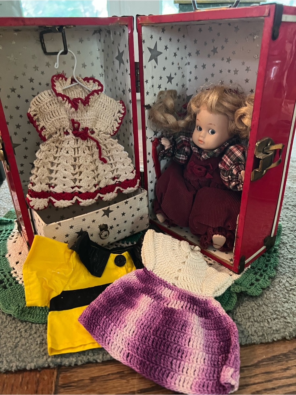 Vintage Doll Case Classic Doll with Red Outfit and Accessories - Unbranded